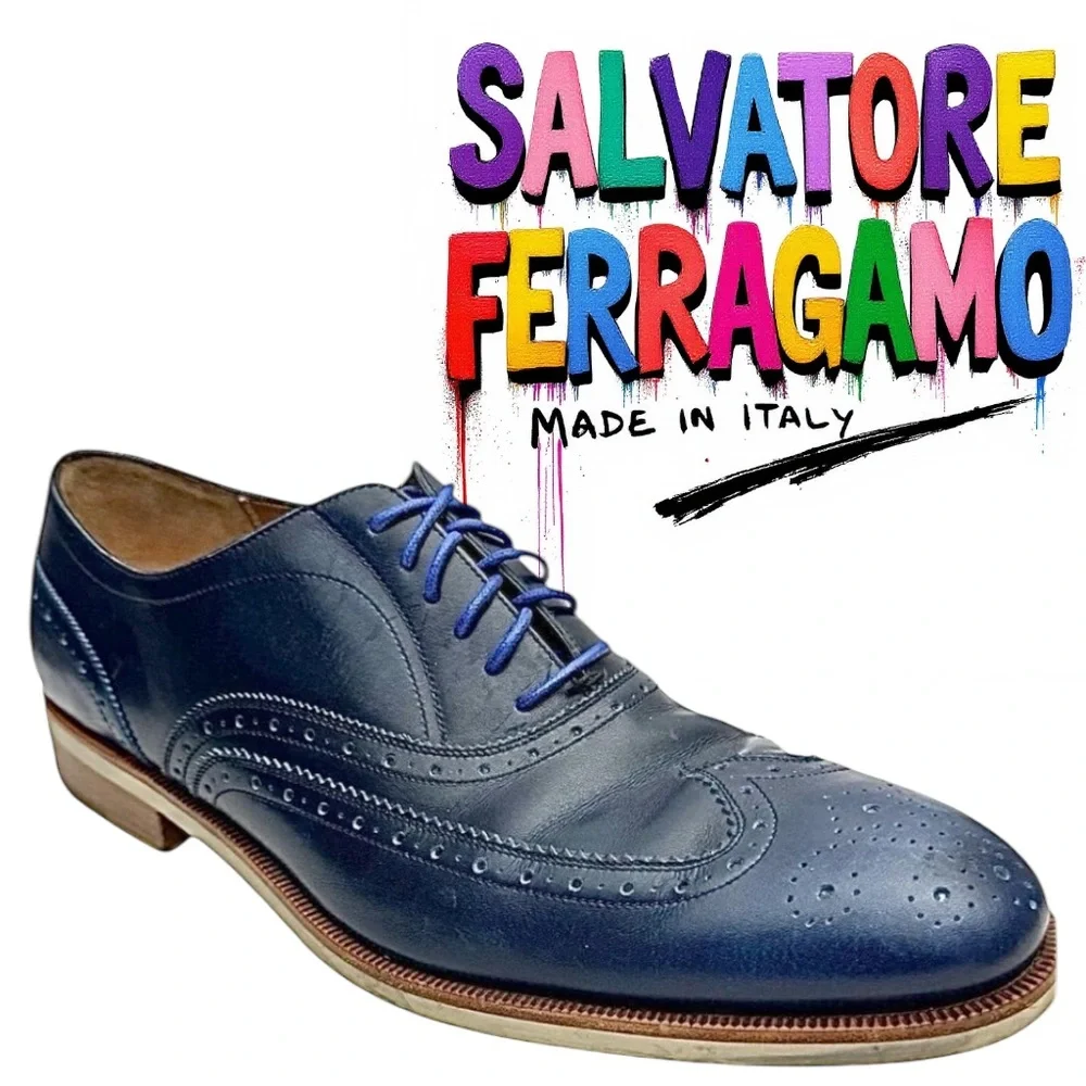 Salvatore Ferragamo Wingtip Oxford Blue Leather Shoes Men 11 D Italy EUC